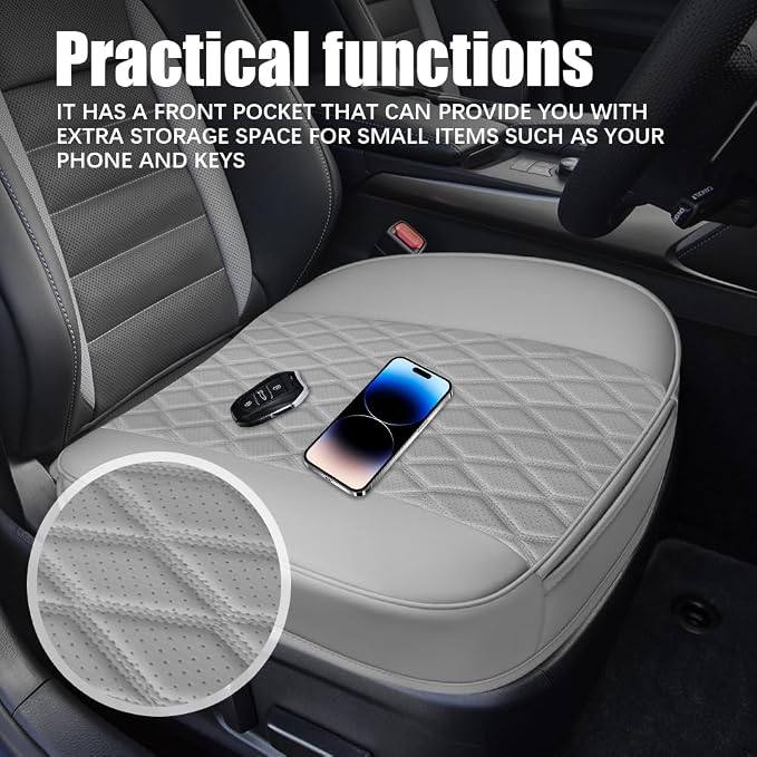 Leather Front Car Seat Covers, Car Bottom Seat Cover, Anti Slip Leather Auto Front Seat Cushion Cover with Storage Pocket, Waterproof Bottom Auto Seats Cushion Pad Mat for Vehicles (Grey) - Image 3