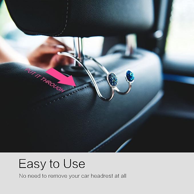 4 Pack Bling Bling Car Hooks, Universal Car Headrest Hooks, Strong Stainless Steel Car Seat Headrest Hanger Hooks for Purses & Grocery Bags (Blue) - Image 6