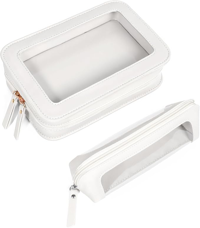2 PCS Clear Makeup Bags Set,Waterproof PU Leather Travel Cosmetic Bags, Transparent Toiletry Bag Organizer with Zipper, Portable Makeup Brush Case Pouch for Women Girls Travel Daily Use (White) - Image 9