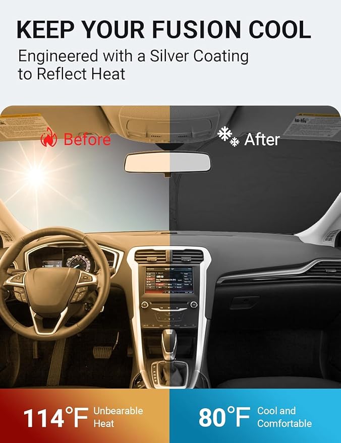 Proadsy Custom Fit 2013-2021 Ford Fusion Windshield Sun Shade, Blocks Heat | 240T Heat Shield, Drops Temp 54°F, Blocks 99% UV, Prevents Dashboard Cracking, Summer Parking & Beach Trips, Easy Twist-Fold - Image 3