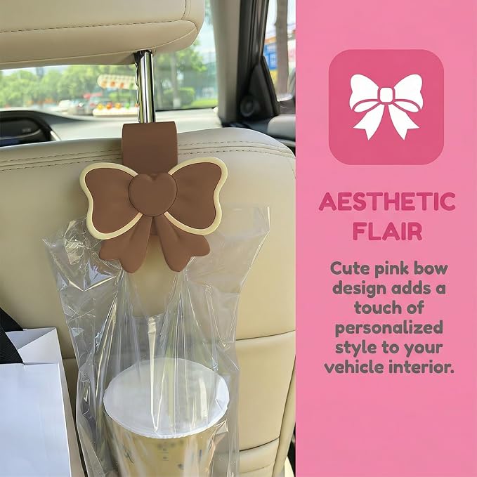 2PCS Car Seat Headrest Hook, Cute Bow Vehicle Backseat Storage Hanger Purse Handbag Organizer, Automotive Interior Seat Back Hook Holder for Umbrella Hat Bag, Universal for Vehicles (Brown) - Image 3
