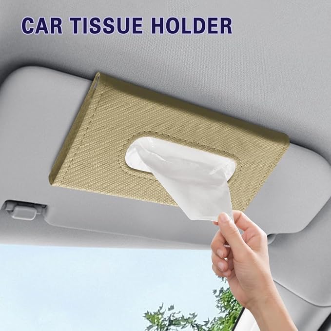 Car Visor Tissue Holder, Tissue Box Holder for Car, Leather Auto Sun Visor Napkin Case Mask Dispenser, Automotive Accessories Rectangular Hanging Auto Napkin Box Fit for Most Vehicles (Beige) - Image 3