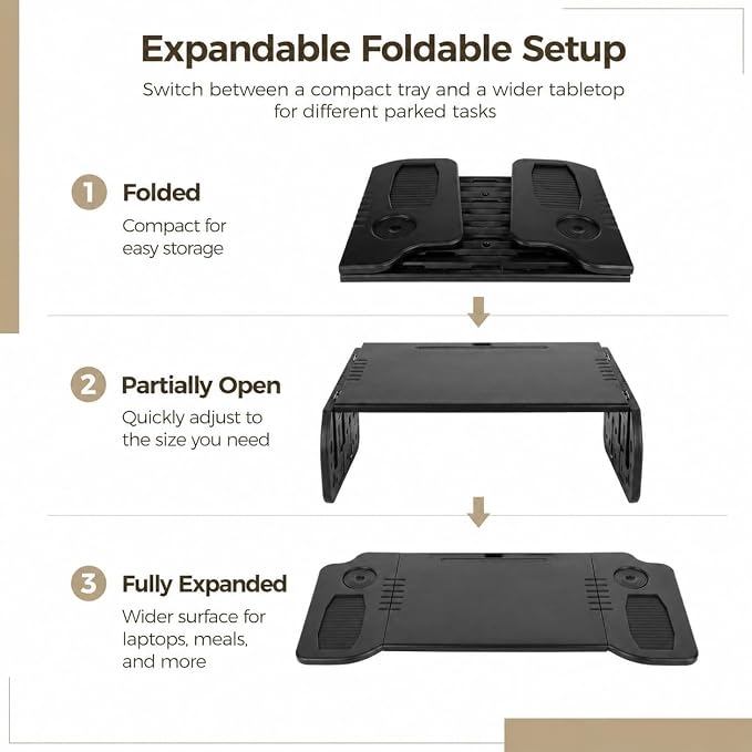 Foldable Car Desk Tray, Expandable Steering Wheel Table | Expandable car desk opens into a wider tabletop for laptop work or meals; with phone slot, cup holders and textured surface - Image 3