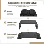 Foldable Car Desk Tray, Expandable Steering Wheel Table | Expandable car desk opens into a wider tabletop for laptop work or meals; with phone slot, cup holders and textured surface - Image 3
