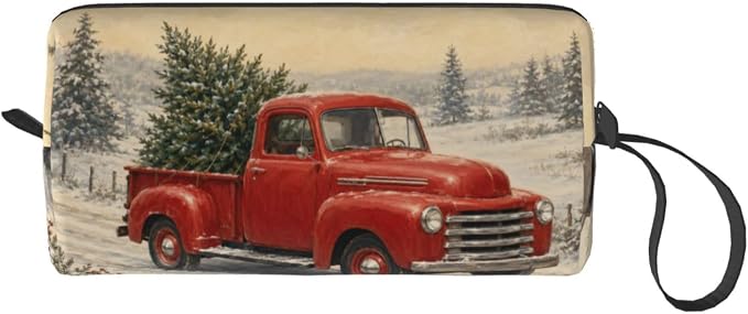 Vintage Red Truck in Snow Makeup Bag for Women, Cosmetic Pouch | Double-Sided Vintage Red Truck Cosmetic Organizer with Foam Padding for Women, Travel, Gym, School, and Daily Storage - Image 8