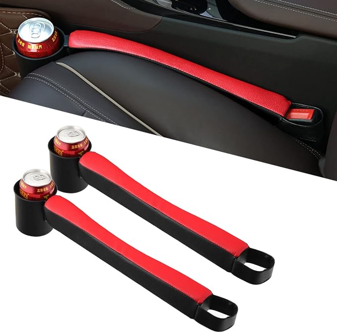 Tumecos Car Seat Gap Filler Pad PU Leather Console Side Pocket Organizer with One Cup Holder for Cellphone Wallet Coin Key 2 Pcs (Black+Red Surface) by Tumecos