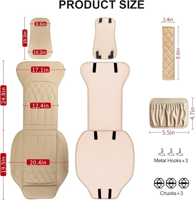 BEITK 1 Pack Waterproof Front Car Seat Cover for Car Truck SUV Beige | PU Leather, Scratch-resistant, Sideless Design, Universal Fit, with Storage Pocket and Seat Belt Pad, Easy to Install - Image 2