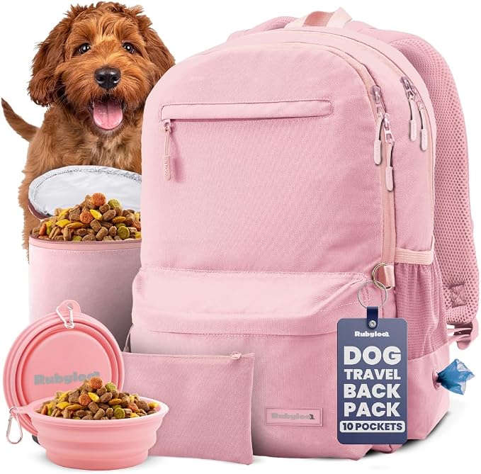 Rubyloo Dog Travel Backpack for Supplies - Dog Diaper Bag with Travel Bowls | 2 BPA-Free Bowls; Food Container & Treat Pouch; Placemat; Laptop Sleeve; Poop Bag Dispenser, Hiking, Camping & Road Trips, by Rubyloo