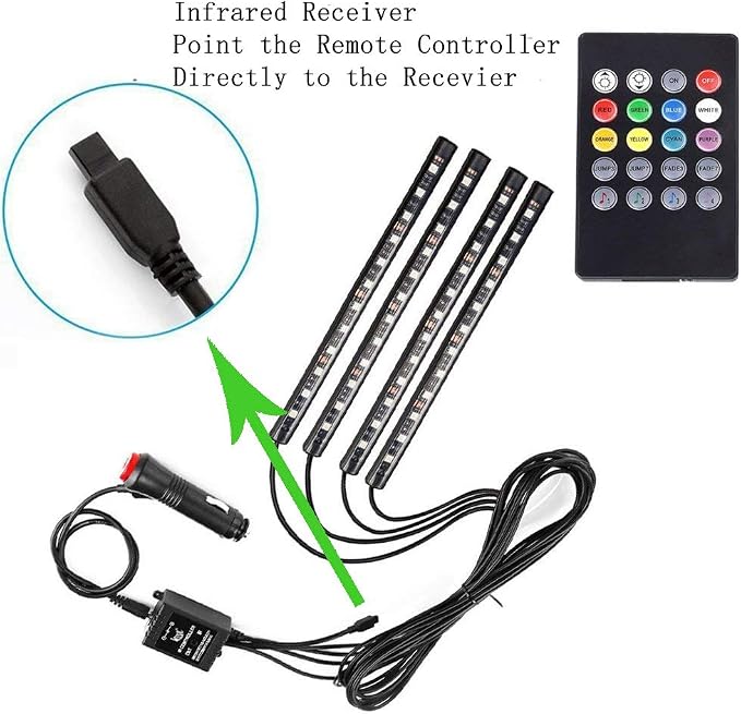 Car LED Strip Light,Uniwit 4 Pieces DC 12V 72 LED Multicolor Car Interior Music Light LED Underdash Lighting Kit with Sound Active Function and Wireless Remote Control Including Car Charger - Image 4