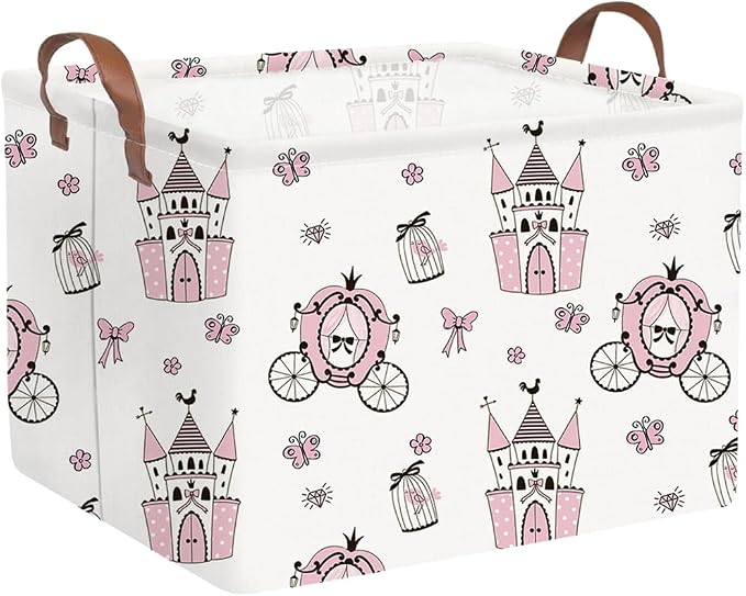Rectangular castle Storage Basket,Kids Dirty Clothes Hamper,Waterproof canvas storage basket,Books Box,Girls Room decor(Pink Princess) by FXOCSHE