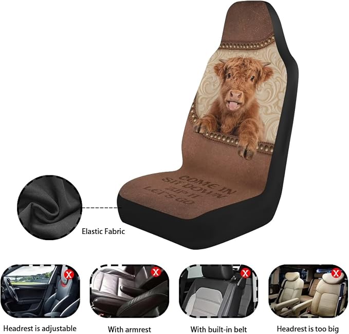 Highland Cow Car Seat Covers for Front Seats Car Accessories for Women Men Washable and Easy to Install Car Seat Cover Set of 2 Anti-Slip for Auto Trucks Van SUV Sedans - Image 6