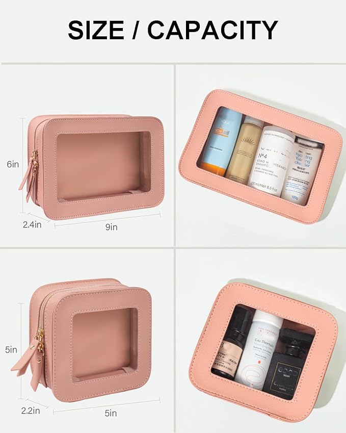 2 Pcs Travel Clear Makeup Bag Set, Clear Makeup Organizer with Zipper Leather Travel Bags for Toiletries Small Cosmetic Bags for Women Mini Make up Pouch Toiletry Bags Car Essentials - Image 4