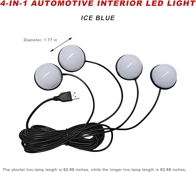 Car Interior LED Lights, 5V 3W Bright Ambient Light Vehicle Under Dash Neon Lamp with USB Port, 4 in 1 Atmosphere Lights Interior Decorative Lamps for Most Vehicles (Ice Blue) - Image 2