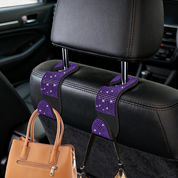 4PCS Bling Car Seat Headrest Hooks, Purse Holder for Car, Vehicle Back Seat Purse Handbag Hanging Holder with Crystal Rhinestone, Diamond Car Rear Seat Organizer for Vehicles (Purple) - Image 3