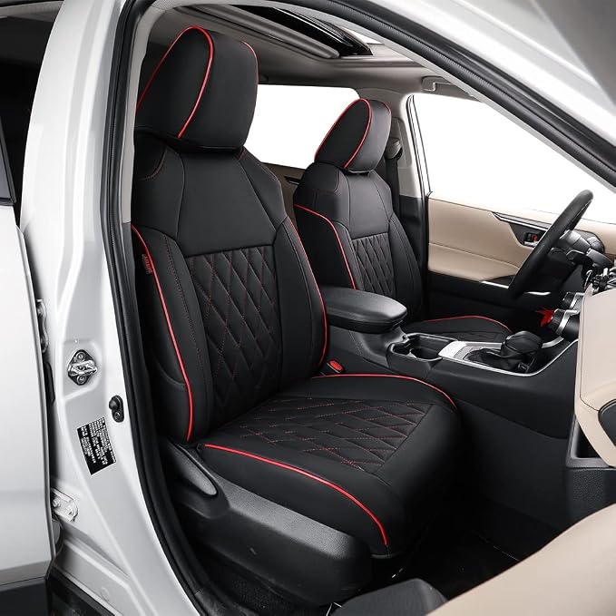 EKR Car Challenger Seat Covers 2015-2023,Leatherette Full Set | Custom Fit for Dodge Challenger 2015 2016 2017 2018 2019 2020 2021 2022 2023 -Faux Leather(Black with Red Piping) by EKR