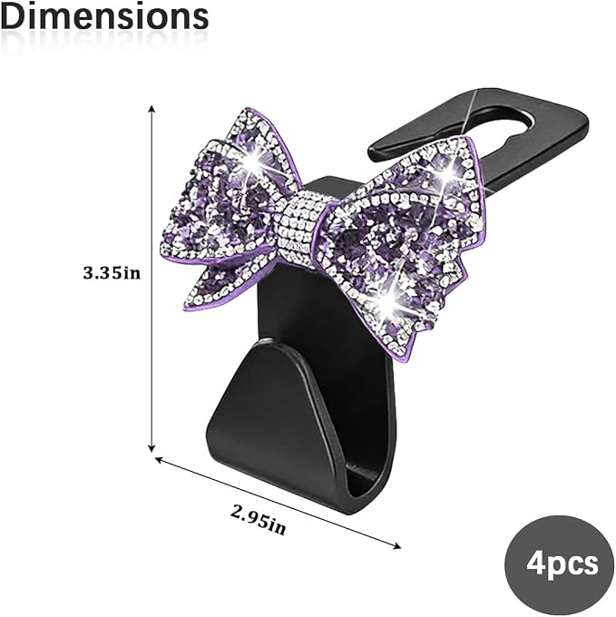 Zpana Bling Car Headreat Hook, 2PCS Crystal Rhinestone Cute Bow Vehicle Seat Back Hanger Storage for Purses Bags Grocery, Diamond Auto Rear Seat Organizer, Universal for SUV Truck Sedan (Purple) - Image 2