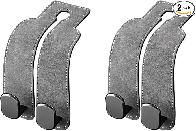 2 PCS Car Seat Headrest Hook, Suede Leather Back Seat Organizer Double Metal Hooks, Universal Headrest Hanger Convenient Vehicle Storage Hook for Purse Handbag Coats (Gray) by Unknown