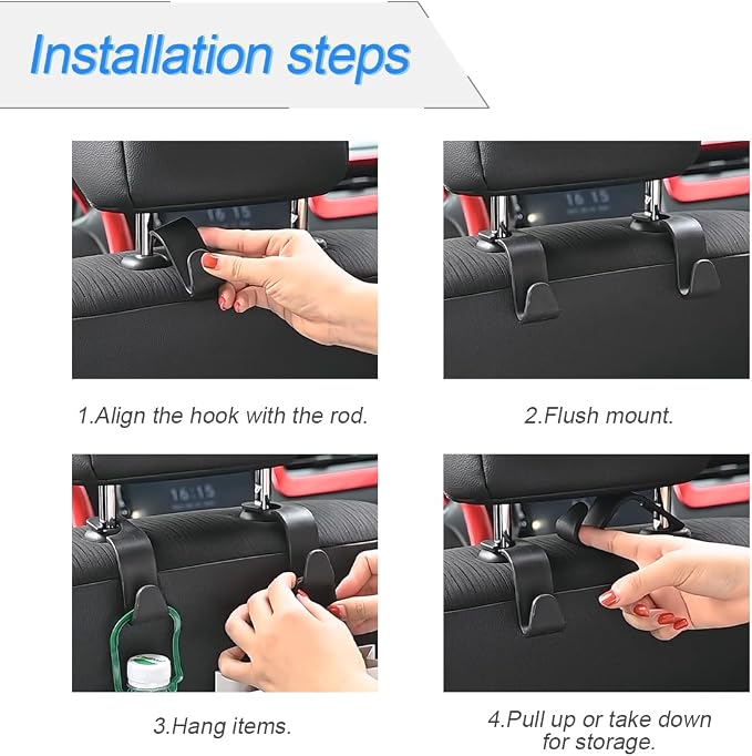 4 Pack Headrest Hooks for Vehicle Seats, Carbon Fiber/Black | rear-row hanging storage, supports bags coats and groceries, fits matching headrest posts, interior accessory - Image 5