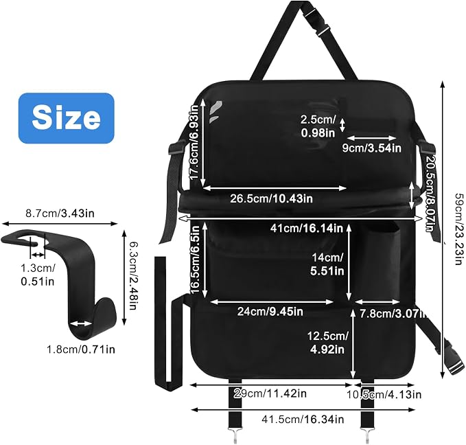 Backseat Car Organizer with Upgraded Foldable Tray Table, Oxford Cloth Car Seat Back Storage Organizer, Tablet Tray and Seat Protector Kick Mat, Includes 2 Hooks - Image 2