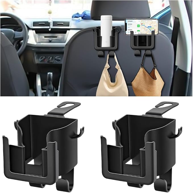 Car Headrest Cup Holder for Back Seat, 2PCS 3 in1 Multifunctional Vehicle Backseat Phone Organizer, Large Capacity Auto Handbag Storage Hook Hanger, Universal for SUV RV Truck by Unknown