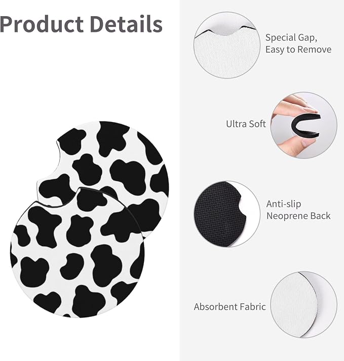Cow Print 3pc car Set : Steering Wheel Cover + 2 Pc Car Coasters | neoprene Anti-Slip Breathable Universal 14.5-15.5 in for Suitable for Men Women - Image 7