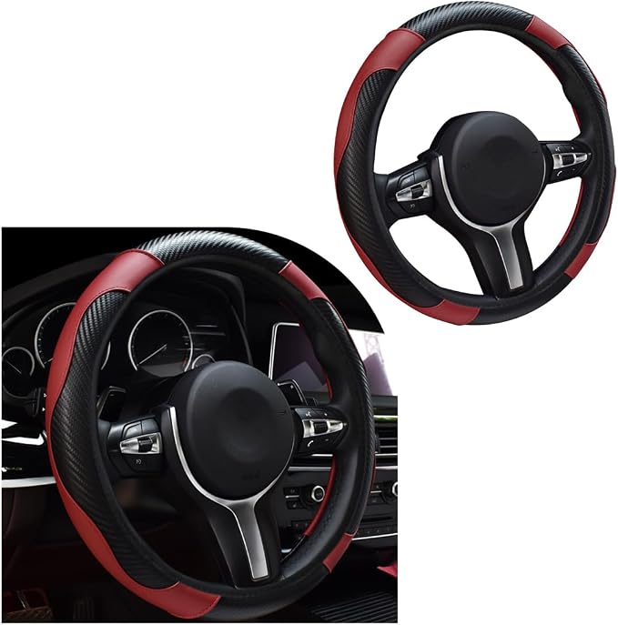 povtii Car Steering Wheel Cover, 15 Inch Leather Breathable Auto Steering Wheel Protector, Comfortable Non-Slip Vehicle Steering Wheel Covers, Universal Interior Car Accessories (Wine Red) by povtii