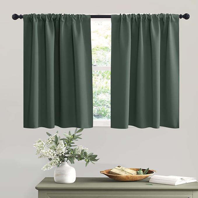 RYB HOME Short Dark Green Blackout Curtains for Small Bedroom Window Cafe | Thermal Insulating, UV Blocking, Privacy Protection, Drapes/Tiers for Basement Garage Bathroom, W42 x L36, 2 Panels by RYBHOME