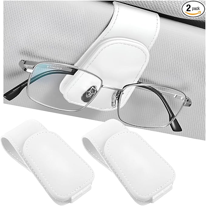 zipelo 2PCS Magnetic Leather Sun Visor Sunglasses Holders, White | one-hand access, soft contact surfaces, stores glasses and cards, lightweight compact form, car interior accessories by zipelo