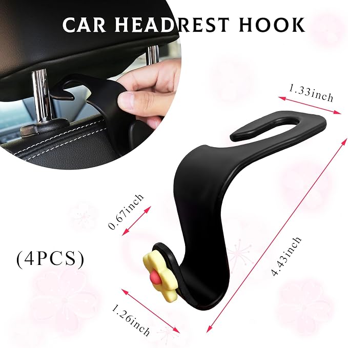 Yourkar 4 PCS Car Seat Headrest Hook, Plastic Headrest Hooks with Adhesive Flower, Auto Back Seat Hanger Storage Hook for Grocery Bag Purse Handbag Umbrella, Car Accessories (Light Yellow) - Image 2