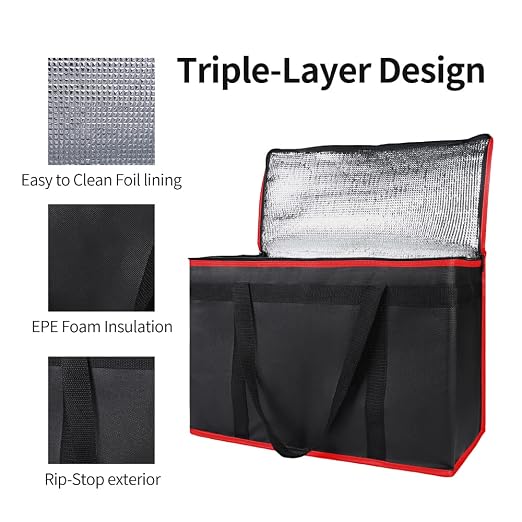 Bodaon Insulated Food Delivery Bag, XX-Large Reusable Grocery Shopping Bags, Picnic Cooler Bag Zipper/Zippered Top Cold, Black with Red Edge, 1-Pack | Reusable Grocery Shopping Bags, Picnic Cooler Bag, Zipper/Zippered Top Cold, Commercial Catering Pizz... - Image 5