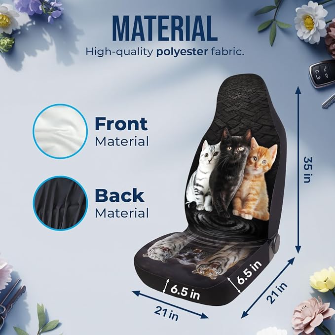 GENANY Cute Cats Car Seat Covers, 2-Piece Front Seat Set | 2-piece polyester front seat cover set, each 35 x 21 x 21 inches, with adjustable straps and hooks - Image 4