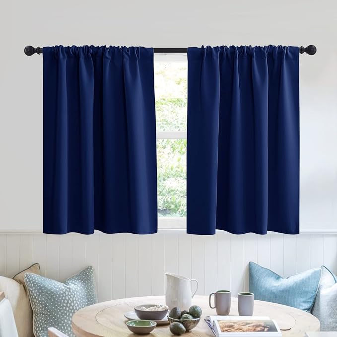 RYB HOME Short Blackout Privacy Curtains 30 inch Long for Bathroom Window | Thermal Insulated, Heat Blocking, Rod Pocket, Half Window Curtain Tiers for Nursery Bedroom, W42 x L30, Marine Blue, 2 Panels by RYBHOME