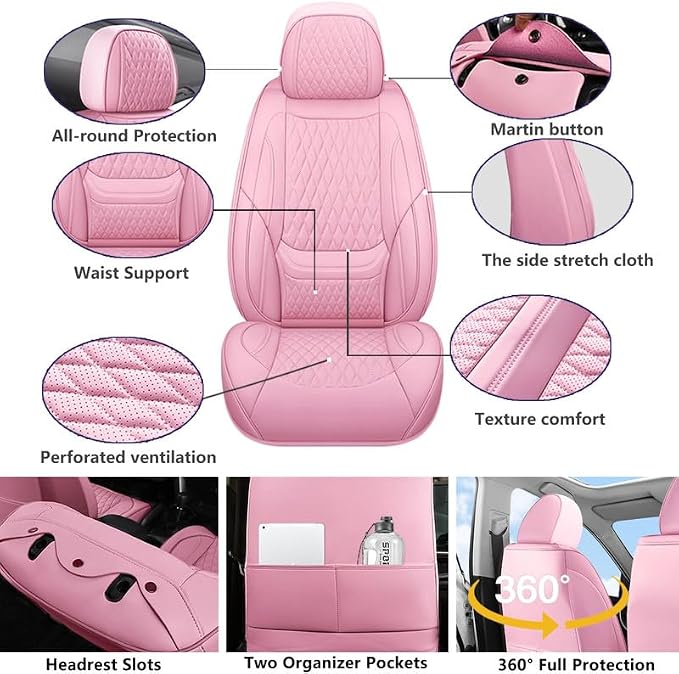 Car Seat Covers Full Set Fit For Toyota Land Cruiser 2000-2026, Pink | Lumbar Support, Premium Faux Leather, Breathable, Anti-Slip, Airbag Compatible, Waterproof, Car Seat Protectors, 2 Row-5Seat - Image 2
