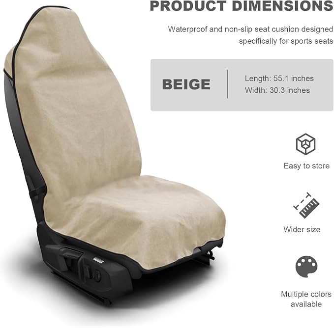 Car Towel Seat Cover, Waterproof Non-Slip Bucket Seat Protector for Running Swimming Hiking, Universal Machine Washable Front Seats Towel Protective Cover for Car SUV Truck (Beige) - Image 2