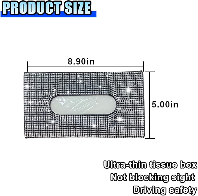 Bling Car Sun Visor Tissue Box Holder, PU Leather Auto Paper Towel Cover, Glitter Crystal Rhinestone Napkin Holder, Car Decoration Accessories for Women (Black/White) - Image 2