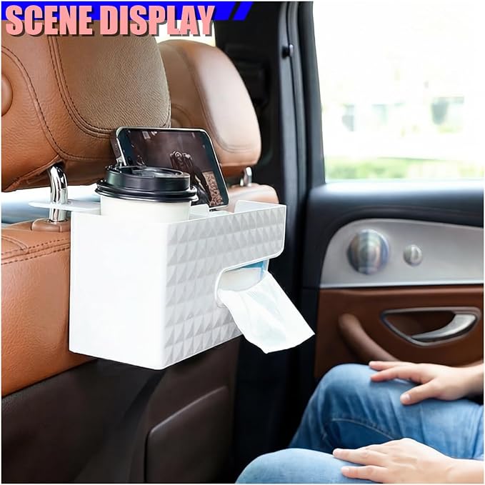 Car Back Seat Organizer, Automotive Drink Cup Holder with Hooks, Multifunctional Tissue Storage Box with Phone Holder, Vehicle Interior Organizer Accessories for Sedan, SUV, Truck (White) - Image 4
