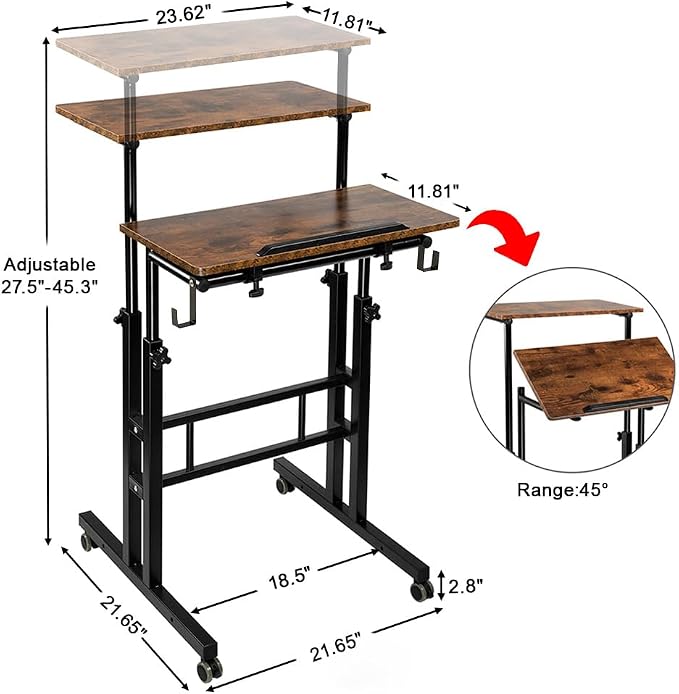 SIDUCAL Mobile Standing Desk, Portable Stand Up Desk, Small Adjustable Converter with Wheels Home Office Workstation, Rolling Laptop Cart for Sitting, Rustic Brown - Image 3