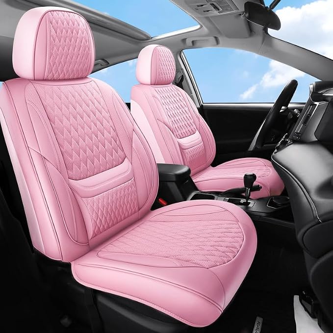 Front Seat Covers Custom Fit for Toyota RAV4 2001-2026, Pink | Lumbar Support, Luxury Faux Leather, Breathable, Anti-Slip, Airbag Compatible, Waterproof, Car Seat Protectors, 1 Row 2 Seats by Unknown