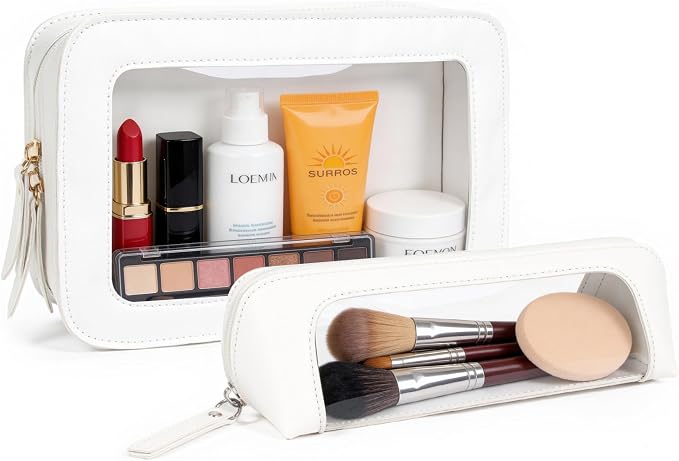 2Pack Clear Makeup Bags Set, Small Clear Makeup Bag, PU Leather Travel Makeup Brush Case Portable Transparent Waterproof Cosmetic Organizer Pouch with Zipper for Women(2Pack-White Set) by LETGO
