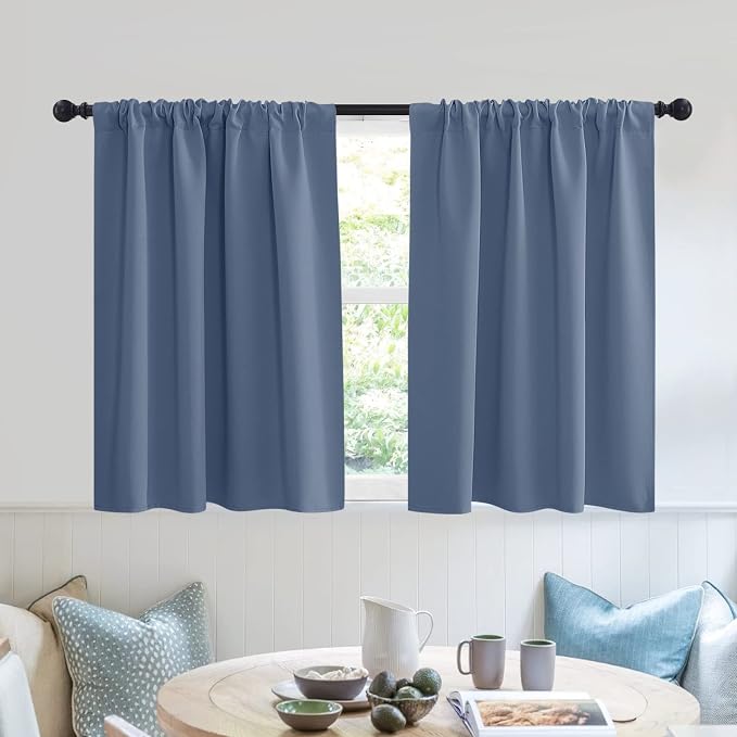 RYB HOME Short Blackout Privacy Curtains 30 inch Long for Bathroom Window | Thermal Insulated, Heat Blocking, Rod Pocket, Half Window Curtain Tiers for Nursery Bedroom, W42 x L30, Stone Blue, 2 Panels by RYBHOME