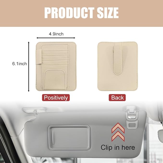 Augeny 2 PCS Car Sun Visor Organizer, Small Auto Visor Organizer and Storage, Registration and Document Holder for Sunglasses, Card, Pen, Driver License, Car Accessories (Beige) - Image 2
