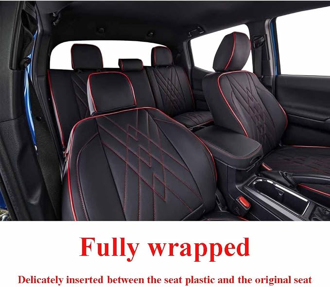 EKR Custom Fit Tacoma Front Car Seat Covers for Toyota Tacoma 2016 2017 2018 2019 2020 2021 2022 2023 Double Cab/Access Cab - Front Row Only, Faux Leather(Black with Red Trim) - Image 5