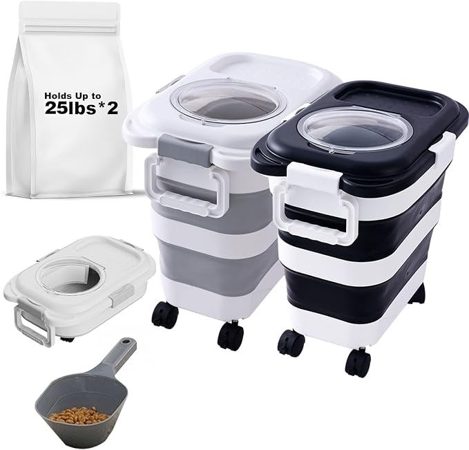SEWIU 2pack 25 lbs Dog Food Storage Container,Collapsible Dog Food Container with Scoop,Pet/Dog/Cat/Bird Food/Cat litter Storage Containers to Keep Dry,Easy to Move.(Black+white) by SEWIU