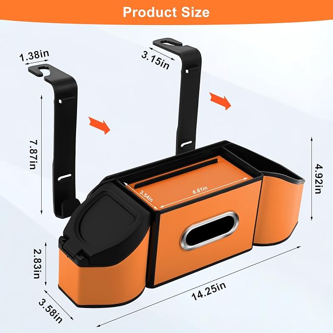 7-In-1 Car Seat Back Organizer with Cup Holders, Tissue Box, Garbage Can&Hooks, Multifunctional Headrest Storage Organizer, Headrest Cup Holder for Backseat, Car Accessories for Trips, Travels(Orange) - Image 2
