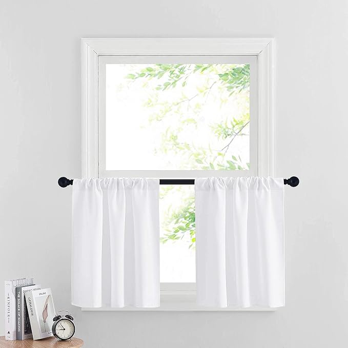 RYB HOME Cafe Curtains 24 inch Length, RV Camper Window Curtains | Short Small Half Window Tiers,Privacy,Thermal Insulated,Light UV Heat Blocking,Rod Pocket,W29 x L24,Pure White,2 Panels by RYBHOME