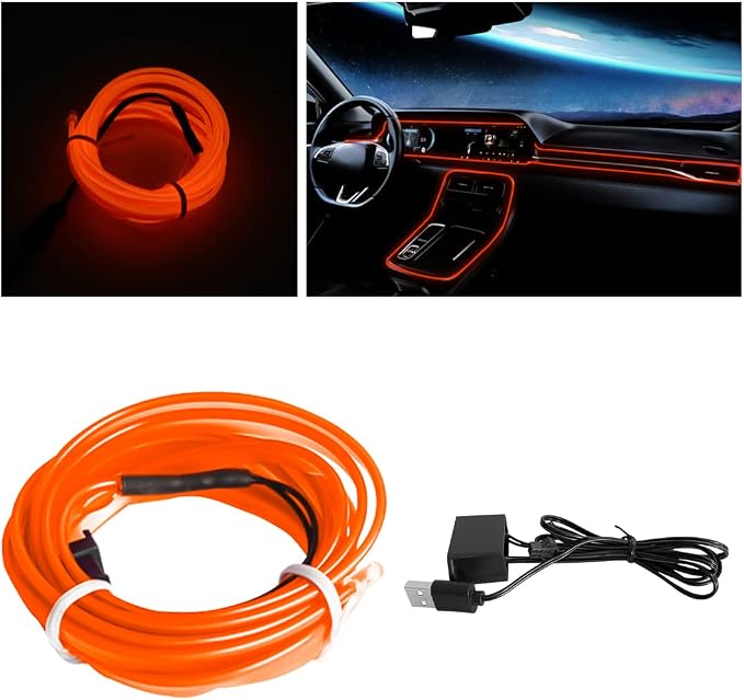 10FT EL Wire Strip Lights, USB Car Neon Trim, Sewing Edge, Orange | USB-powered operation, sewing-edge design, fuse protection, interior ambient lighting use, cut-to-length construction by HIPOPY