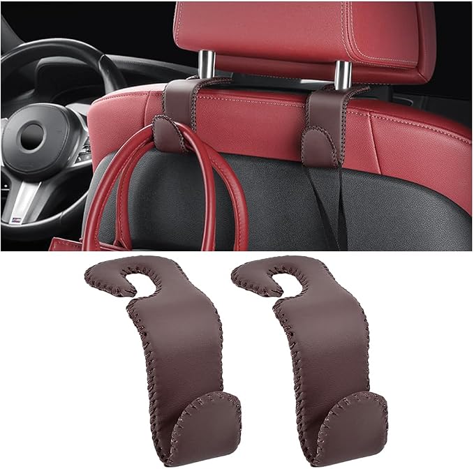 Zpana 2PCS Car Headrest Hooks Genuine U-Shaped Hanging Holder Brown | Genuine leather surface, suspended structure, rotates for front or back seat use, universal fit, automotive accessories by Zpana