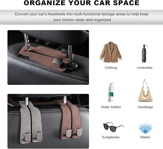 2 PCS Car Seat Headrest Hook, Suede Leather Back Seat Organizer Double Metal Hooks, Universal Headrest Hanger Convenient Vehicle Storage Hook for Purse Handbag Coats (Gray) - Image 6