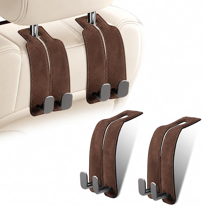 WideFit Car Headrest Hooks, 2 Pack for Wide-Strap Bags, Brown | 0.98 in opening fits thick purse straps. Premium leather and dual metal hooks hold up to 40 lb and rotate 360°. by atFivoy