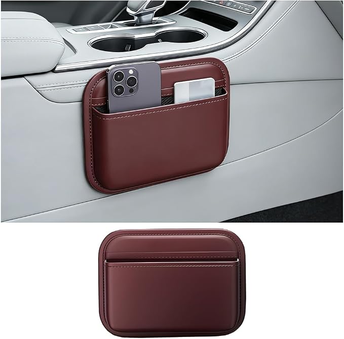 Car Seat Side Pocket Organizer, Self-Adhesive Leather Vehicle Seat Console Storage Pouch Box for Phones, Keys, Pens, Auto Interior Door Organizer Pocket Bag, Universal for Vehicles (Wine Red) by Unknown